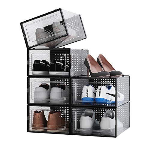 ALEMOK Cajas de Zapatos Transparentes, Organizador de Zapatos Apilable, Paquete de 6 Cajas de Almacenamiento de Plástico y Plegables
