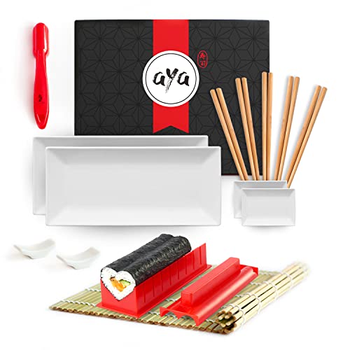 AYA Kit de Preparación de Sushi Sushi Lover - Kit para Servir Sushi Completo Sushi Maker, Nigiri Maker, Estera de Bambú, 2 Platos de Sushi y Salsa, 5 Palillos con Soportes