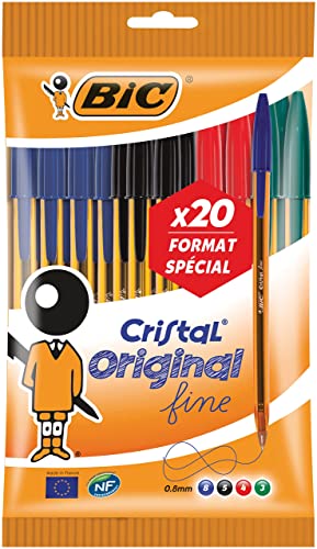 Bic Cristal Fino 912 273 - No Retráctil Bolígrafo Negro / Azul / Rojo / Verde, 20 unidades