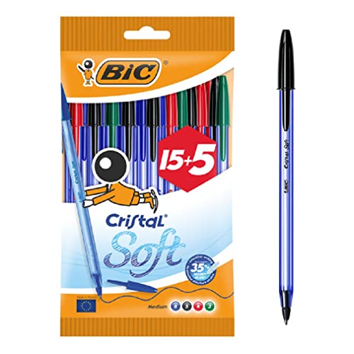 BIC Cristal Soft, Boligrafos de Punta Media (1,2mm), Óptimo para Uso Escolar y de Oficina, 4 Colores, Paquete de 20 Unidades
