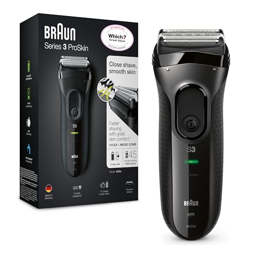Braun Series 3 Afeitadora Eléctrica Hombre, Máquina de Afeitar Barba Inalámbrica Y Recargable, Máquina De Afeitar Para Hombre, ProSkin, 3020s, Negro