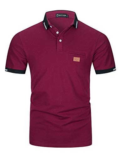 Casual Polos Manga Corta para Hombre Costura en Contraste Escote Camiseta Camisas Verano Primavera Deporte Golf Tennis T-Shirt Oficina,Rojo Vino,L