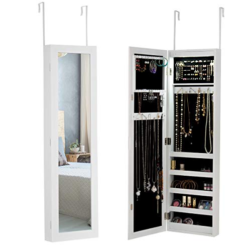 GIANTEX Armario para joyas con LED, para joyas, con espejo de cuerpo entero, armario con espejo, armario de pared para cadenas, pendientes, colgar en la puerta, montaje en pared, color blanco