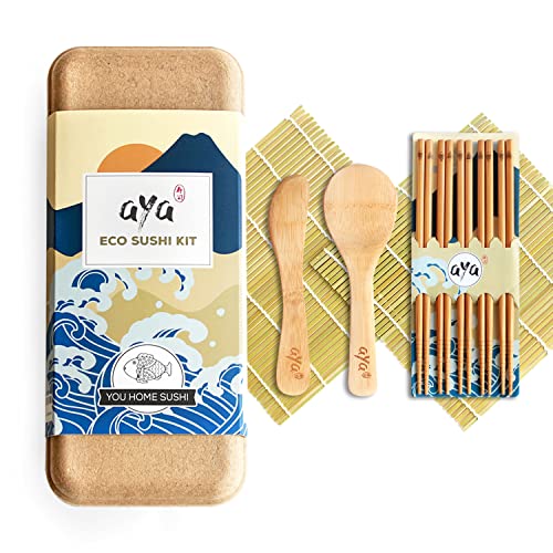 Kit para Hacer Sushi, Original AYA Eco Sushi Kit – Todo Natural Ecológico – Bambú Biodegradable – 2 Esterillas de Sushi – 5 Pares de Palillos – 1 Espátula – 1 Cuchara