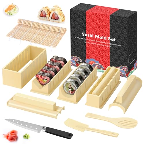 SKYSER Kit para hacer sushi Todo en uno Juego de sushi 12 piezas Herramienta completa para hacer sushi con 8 formas diferentes de sushi Rollo de arroz Molde DIY House Sushi Tool Off (Blanco)