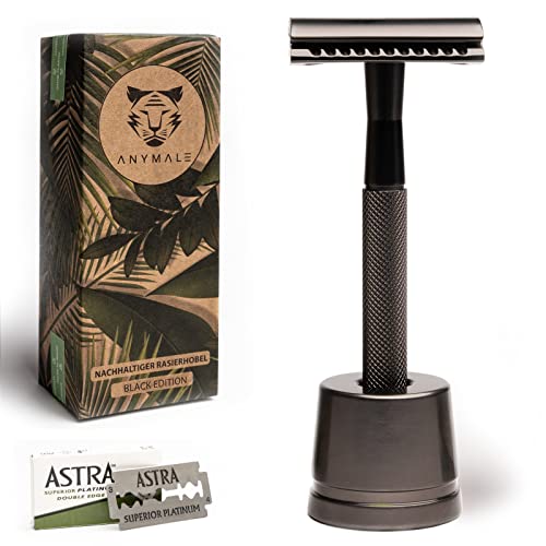 ANYMALE® Maquinilla de afeitar Black Edition – Set con soporte y 5 cuchillas ASTRA – Safety Razor de metal