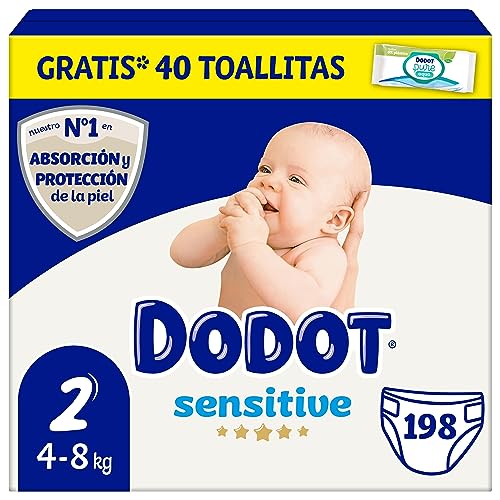 Dodot Pañales Bebé Sensitive Talla 2 (4-8 kg), 198 Pañales + 1 Pack de 40 Toallitas Gratis Cuidado Total Aqua, Absorción y Protección de la Piel de Dodot, Pack Mensual
