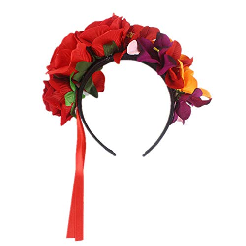 FRCOLOR Diadema de Flores Rosas Diadema de Corona de Flores Mexicanas Diadema Floral de La Corona Dia de Los Muertos para Mujer (Rojo)