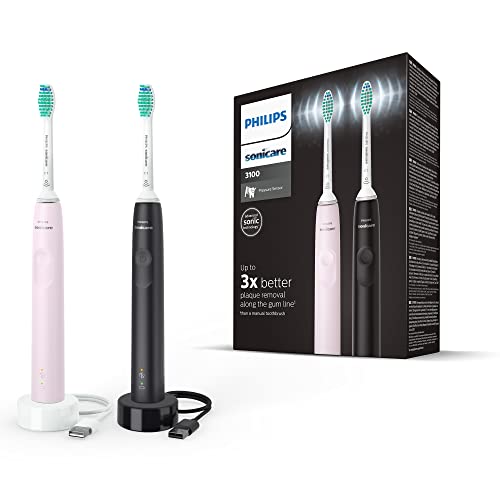 Philips Sonicare 3100: 2 cepillos dentales eléctricos sónicos, en negro y sugar rose, con 2 cabezales de cepillado Philips Sonicare Defensa antiplaca Optimal C2 (modelo HX3675/15)