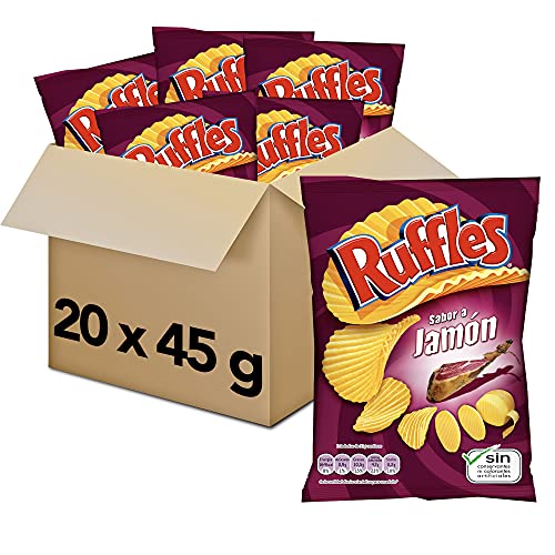 Ruffles Jamón - Patatas Fritas Crujientes Sabor Jamón, Pack de 20 Bolsas de Patatillas Deliciosas, Onduladas e Irresistibles, Snack y Aperitivo, Total: 20 x 45g = 900 g