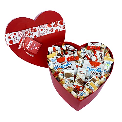 Onza Caja de chocolates Kinder Bueno para regalar con forma de corazón. Cesta roja rellena de Kinder, Chocobons, Happy Hippo, Kinder country, Chocolatinas mini para cumpleaños