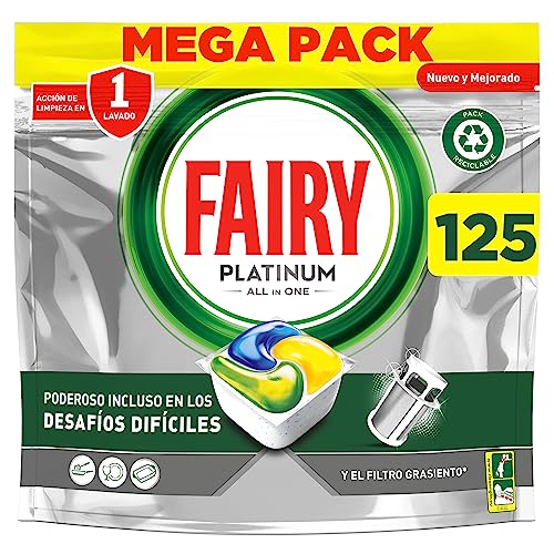 Fairy Platinum All in One, Pastillas Lavavajillas, 125 Capsulas (5 x 25), Limpia Incluso la Grasa de los Filtros, Aroma Fresco y Limpio, Mega Pack