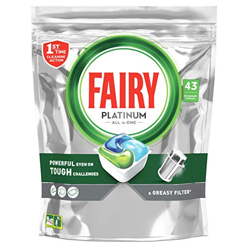 Fairy Platinum Todo en Uno Normal cápsulas de Lavavajillas, 43 cápsulas, para los restos más difíciles, limpia incluso la grasa de los filtros