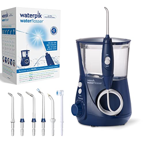 Waterpik Ultra Irrigador de Sobremesa Profesional con Agua a Presión y Sistema Avanzado de Control de Presión con 10 Posiciones con 7 Boquillas, Eliminación de Placa Dental, Azul (WP-663UK-EU)