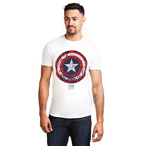 Marvel Escudo del cómic del Capitán América Camiseta, Blanco, M para Hombre
