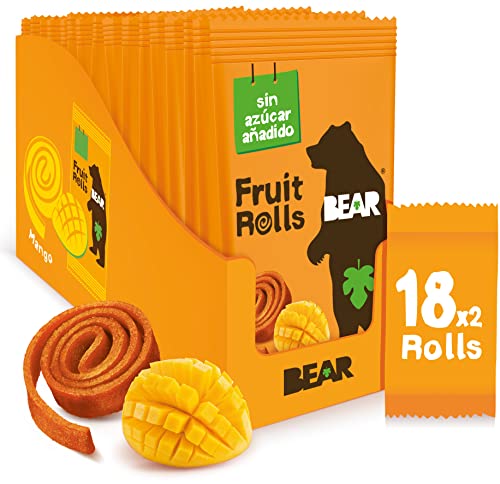 BEAR Rollitos de Fruta Sabor Mango - Ingredientes 100% Naturales - Snacks para el Colegio y el Almuerzo para Niños y Adultos - 18 bolsitas de 20g - 360g