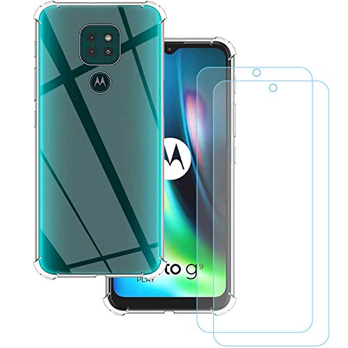 KZIOACSH Funda para Motorola Moto G9 Play/Moto E7 Plus + [2 Pack] Cristal Templado,Ultra Fina Silicona TPU Carcasa,Cuatro Esquinas Anti-caíd Protección，Transparente