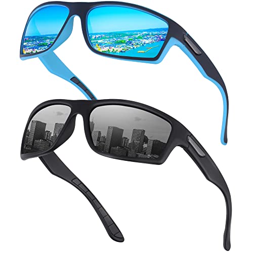 Ollrynns Gafas de sol polarizadas para hombre mujer 2 Pares Gafas Deportivas para Golf Ciclismo Pesca Running Deporte Protección UV400 (Negra&azul)