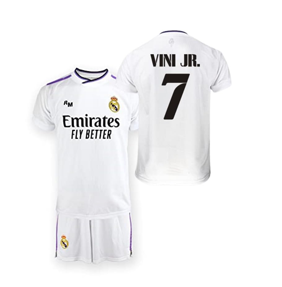 Real Madrid Conjunto Camiseta y Pantalón REPLICA 1ª EQ. Temporada 2022-23 - Producto con Licencia - 100% Poliéster - Dorsal 20 VINICIUS JR. - Talla niño 10 años